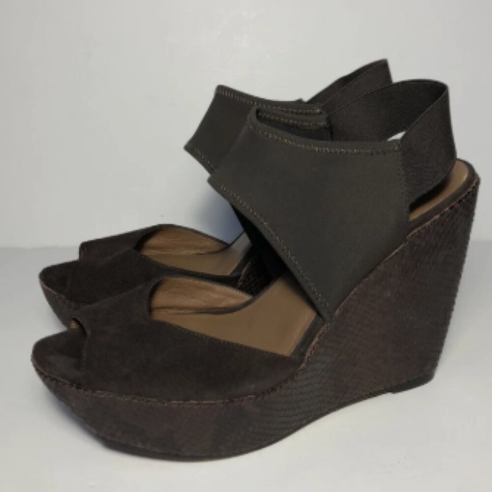 Donald Pliner brown snake suede Wedges leather chunky heel peep toe 7.5